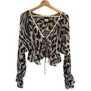 Reclaimed Vintage Womens Y2K Animal Print Crop Top Sz 8 Tie Front Boho Mob Wife